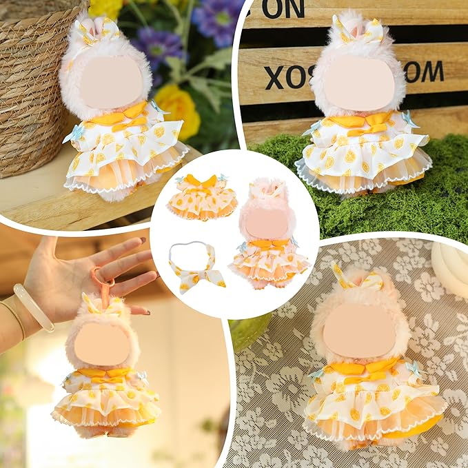Clothes for Labubu Doll,6.7 Inch Doll Clothing Set - 2 Pieces Handmade Clothes and Accessories for 17cm Plush Toy - Orange Print Princess Dress + Bow Headdress