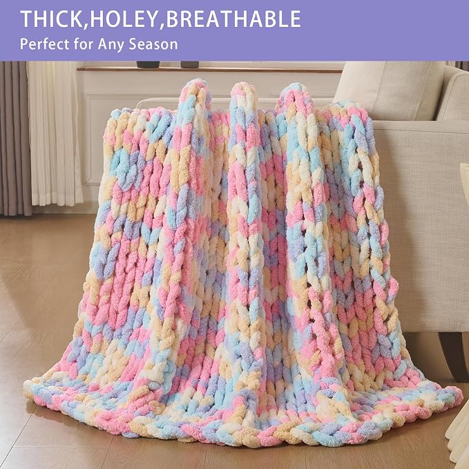 Bigacogo Chunky Knit Throw Blanket for Couch, 40x60 inches, PastelDreamMix | Hand Knit with Jumbo Chenille, Soft Breathable Cable Knit for Sofa Bed Living Room, Machine Washable, Gift for Mom Friend
