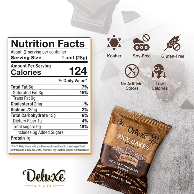 Deluxe & Bla Bla Stuffed Rice Cakes - Whole Grain Chocolate Rice Cake,Gluten Free,Low Calorie,(Alfajor) Kosher Certified - Caramel Filled Rice Cakes coated with Dark Chocolate, 28g Each (6 Pack)