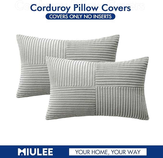 MIULEE Silver Grey Decorative Lumbar Throw Pillow Covers 12x20 Inch for Couch Bed Sofa Pack of 2 Boho Farmhouse Throw Pillows Soft Cross Corduroy Patchwork Textured Cushion Cases