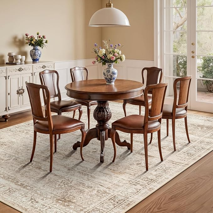 5x7 Area Rug for Living Room Bedroom, Non-Slip Washable Beige Carpet | Soft Neutral Rugs for Dining Room Home Office Indoor Nursery, Stain Resistant, Low Pile, Foldable, Vintage Distressed Rug