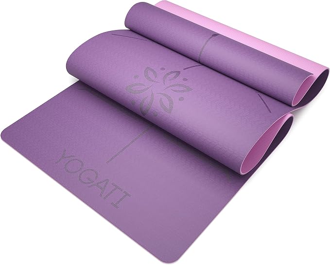YOGATI® Yoga Mat with Strap with Alignment Lines. Home Workout Mat for Women, Men and Kids. Thick Non Slip Yoga Mat for Pilates and Fitness. Brown, Pink and Purple Yoga Mats