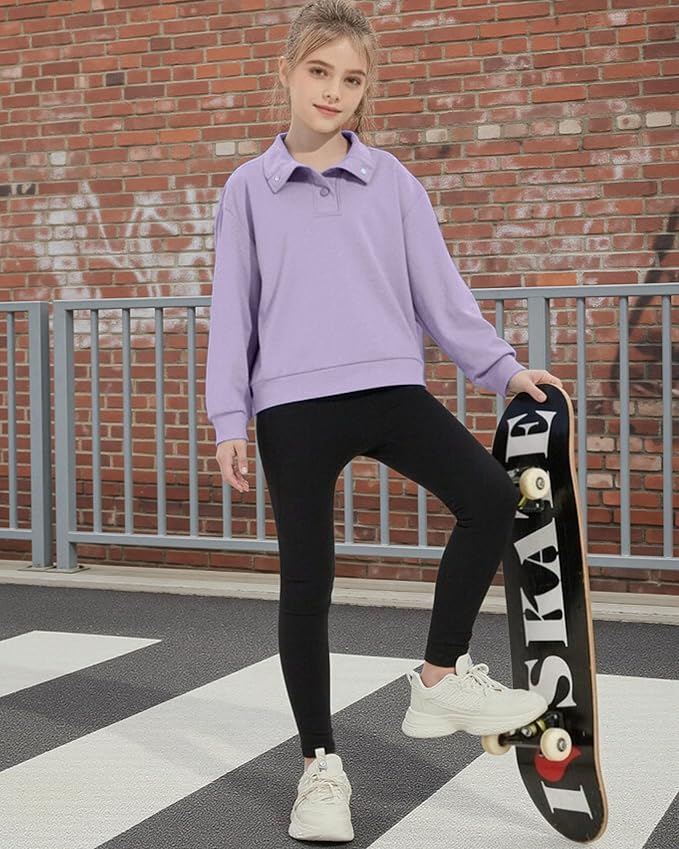 Girls Long Sleeve Collared Shirt Button Down Mock Neck Sweatshirt Athletic Cycling Clothing for Kids 5-14Years