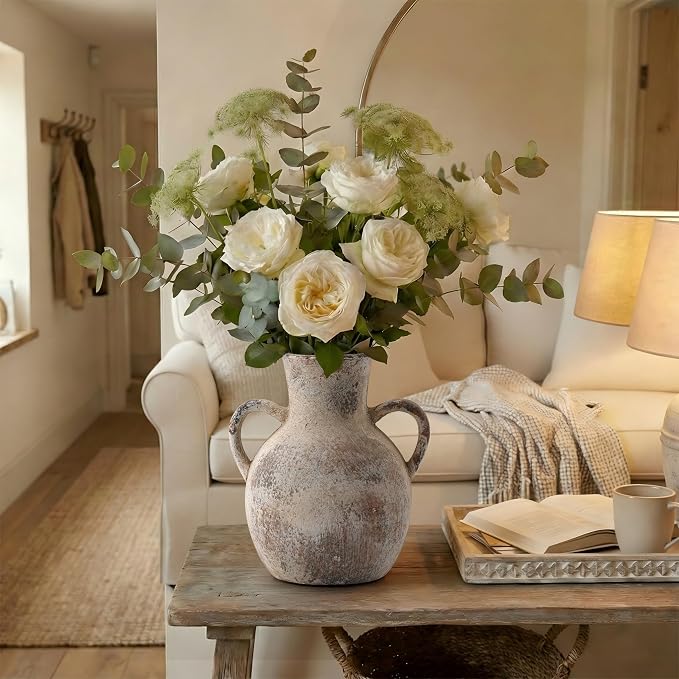 SIDUCAL Rustic Ceramic Farmhouse Flower Vase with 2 Handles, Whitewashed Terra Cotta Vase, Decorative Pottery Flower for Home Decor, Table, Living Room, Shelf Decor, 7.3 Inch, Terra