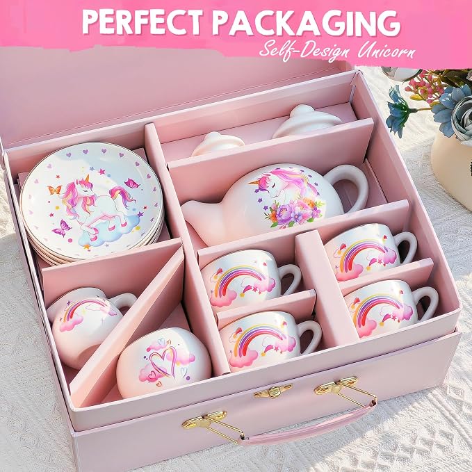 TUZT Porcelain Tea Party Set for Little Girls Kids Toddlers, 13Pcs Unicorn Tea Set - Teapot & Cup & Saucer & Suitcase,Pretend Play Toys Kitchen Set - Christmas Birthday Gift for Girls