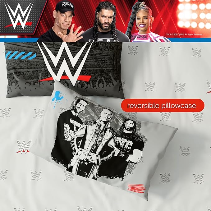 WWE Wrestling Bedding Set, Queen Size 7 Piece Set Super Soft Cozy Reversible Comforter and Sheet Set with Sham, (100% Officially Licensed Product) by Franco