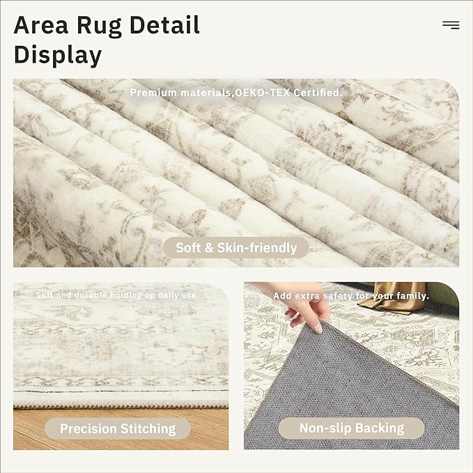 Soalmost 7x9 Area Rug for Living Room Washable Rugs Non-Slip Beige/Brown | Low-Pile Vintage Carpet for Dining Bedroom, Foldable Thin Stain Resistant Floor Mat Under Table Home Office Nursery Decor