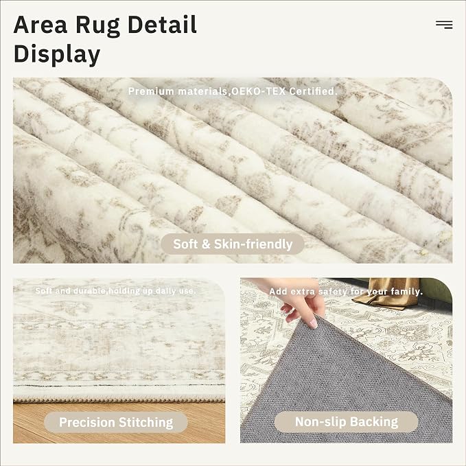 Soalmost 3x5 Rugs, Small Washable Kitchen Entryway Area Rug Beige/Brown | Vintage Low Pile Carpet for Nursery Coffee Table Bathroom, Foldable Stain Resistant Indoor Door Mat Entrance Powder Room