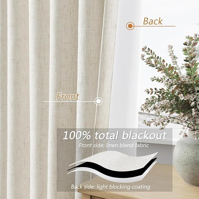 Guken 100% Blackout Linen Curtains for Bedroom 60 Inches Long Natural Cream Black Out Curtain Back Tab Thermal Insulated Room Darkening Window Drapes for Living Room 2 Panels Beige Ivory 52x60