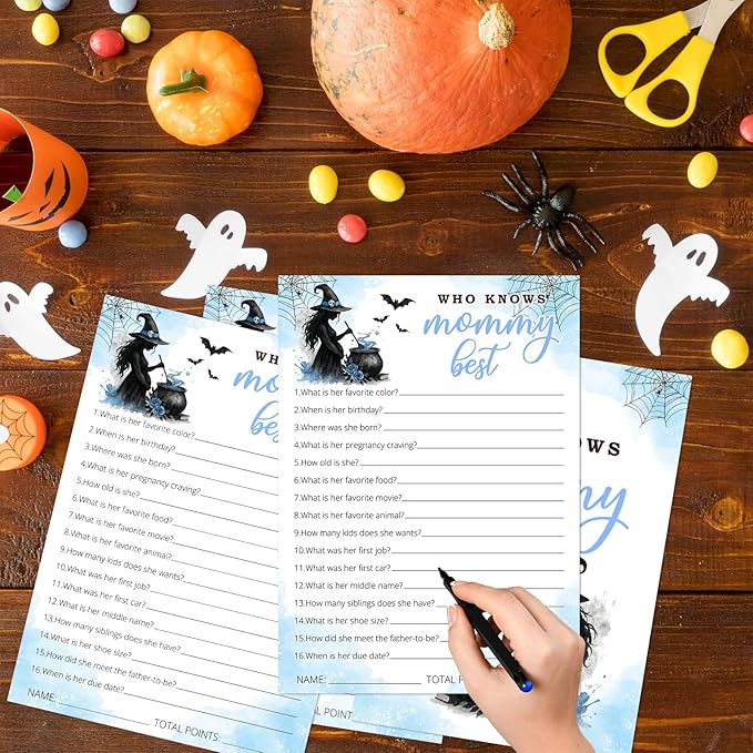 Hilarious Baby Shower Games, 25 Sets Halloween Who Knows Mommy Best, Blue Witch Gender Reveal Party Game Cards for Baby Announcement Supplies - B04