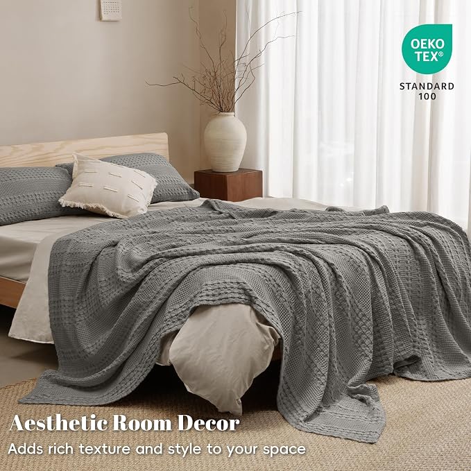 PHF 100% Cotton Waffle Blanket Twin Size, Lightweight Breathable Summer Blanket for Hot Sleepers, Pre-Washed Soft Layer for Bed, Dorm, Couch & Guest Room, Home Decor Gift, 66"x90", Dark Grey