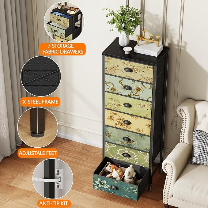 7 Drawer Tall Dresser for Bedroom, Vintage Fabric Chest of Drawers | Tall Nightstand for Dorm, Vertical Storage Tower Organizer, Fabric Drawer Units, Retro Skinny Dresser for Closet, Entryway