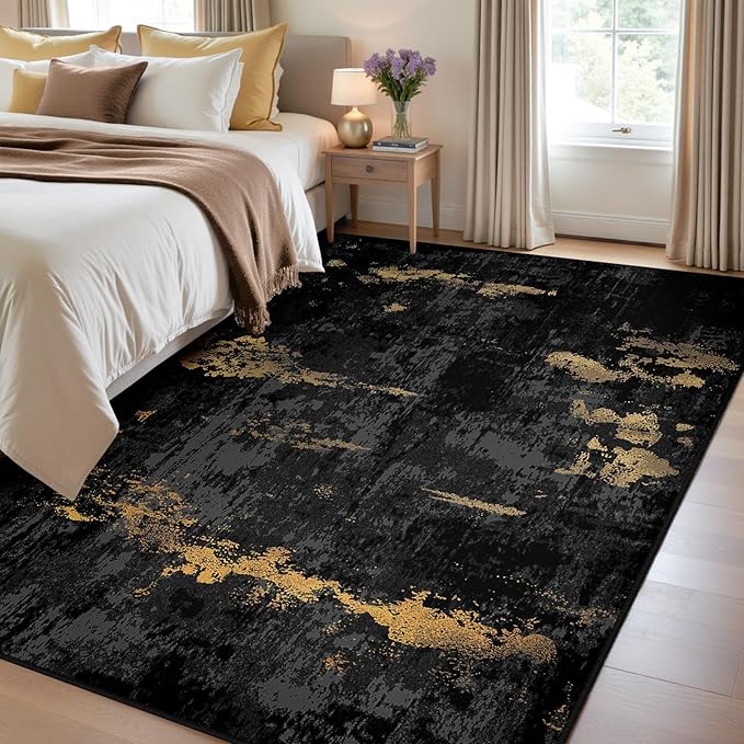 RELEANY Washable 4'x6' Abstract Area Rug for Living Room Black Gold | carpet for bedroom, kitchen, office, hallway and entryway, printed pattern, non-slip, soft, stain-resistant, easy to clean