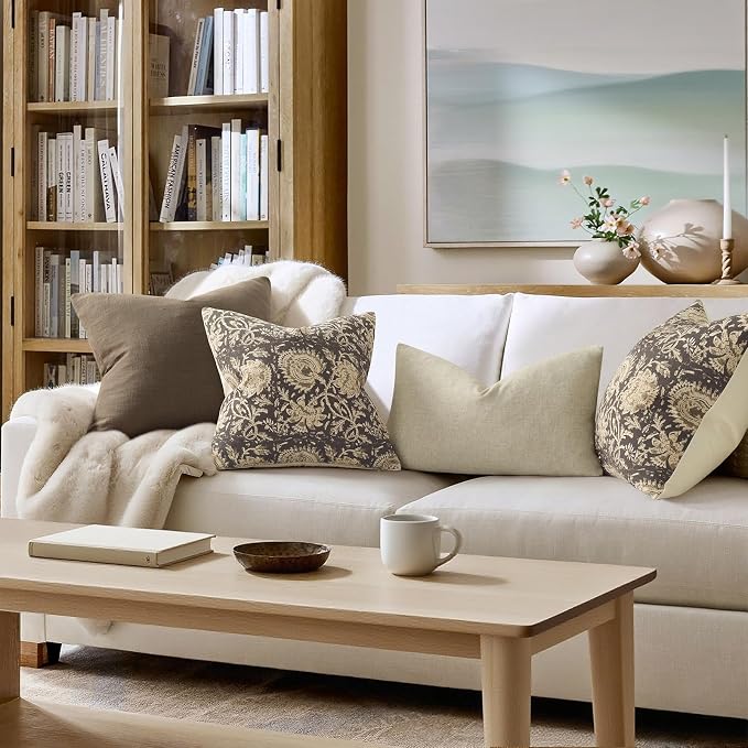 Vintage Floral Print Throw Pillow Covers 20x20 Set of 2 Neutral Modern Farmhouse Pillowcases Accent Decorative Cushion Covers Boho Home Decor for Couch Sofa Chair Bed Living Room, Rustic Gray