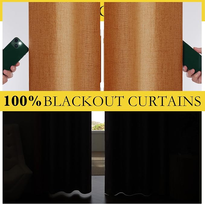 NICETOWN 100% Blackout Curtains for Living Room, W52 x L84 in, Thick Linen Blend Rod Pocket & Back Tab, Thermal Insulated Draperies with Grey Liner for Decoration(Set of 2, Terracotta)