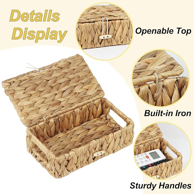 Water Hyacinth Wicker Storage Basket with Lid, X-Small | 9 x 5.1 x 3 Inch Box, Shelf Organizer, Rectangular Woven Bin, Small Item Storage, Natural Home Decor