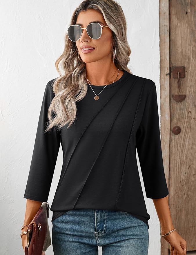 LOMON 3/4 Length Sleeve Womens Tops Spring Summer Fashion 2026 Tops Crew Neck Pleated Shirts Tunic Top Loose Fit