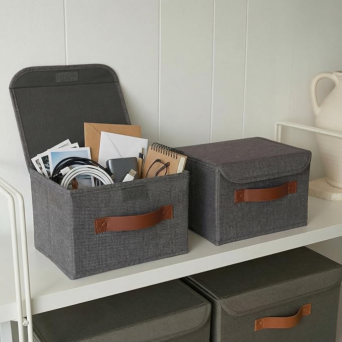 Decorative Linen Storage Boxes with Lids - Spacious Set of 2 Organizer Bins | The Perfect Small Container for Home Decor - Safely Store Photos, Documents and Memory Box Keepsakes in Style