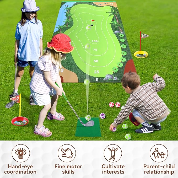Liberry Kids Golf Set for 3 4 5 6 7 Years Old Boys Girls, Golf Chipping Game with Golf Mat, Sticky Balls, Storage Bag, Retractable Golf Clubs Indoor Outdoor Sports Toy Gift Toss Game(Grey)