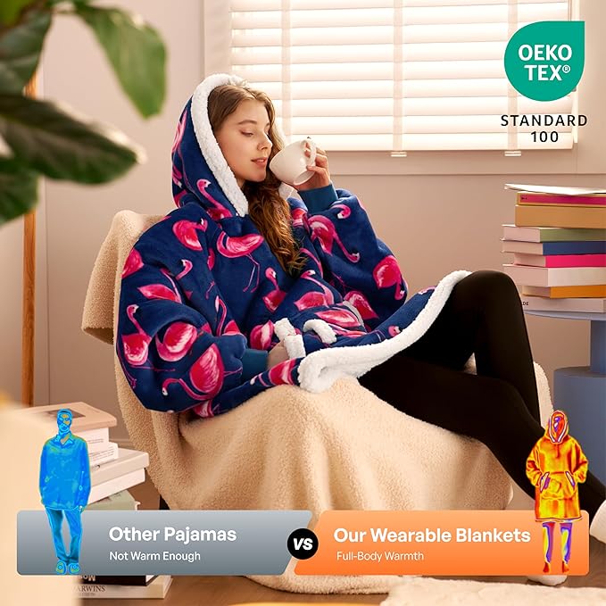 Giggling Getup Wearable Blanket Hoodie for Adults Gifts for Teen Girls Sister Women Sherpa Fleece Printed Hooded Blanket Sweatshirt Warm Cozy with Pocket & Sleeves Blue Flamingo