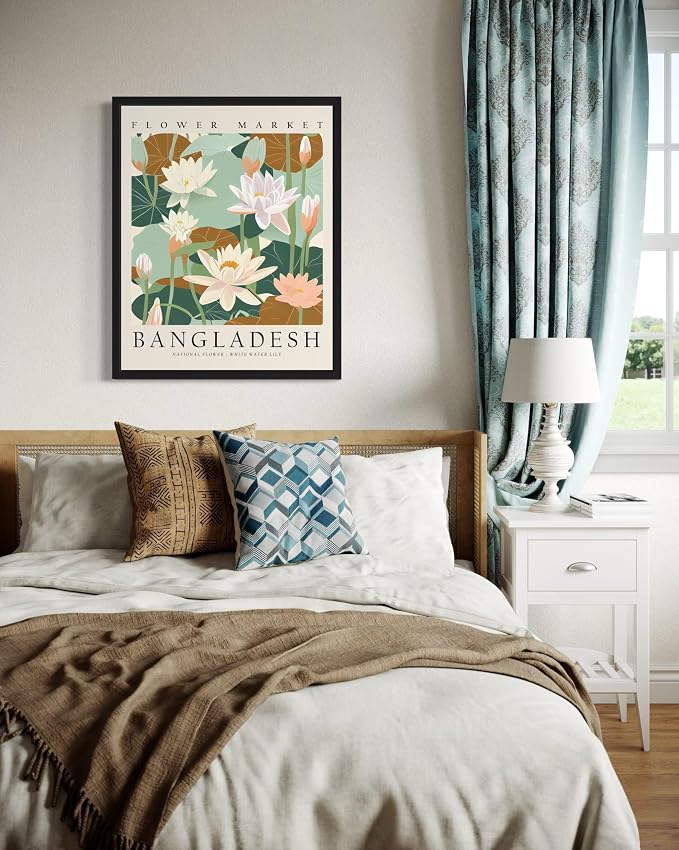 Bangladesh, White Water Lily Art Print Poster, Flower Market Wall Art, Floral Artwork Decor for Bedroom, Kitchen, Bathroom, Livingroom Decoration 52 (Bangladesh, White Water Lily, 24"L x 18"W, Black Frame)