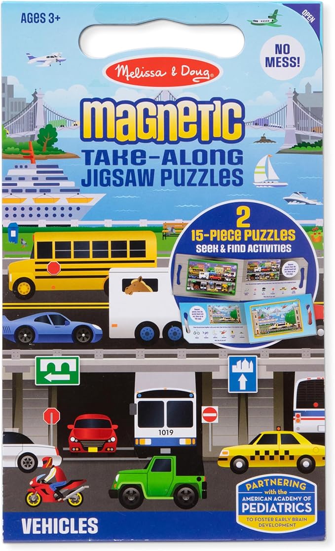 Melissa & Doug Take-Along Magnetic Jigsaw Puzzle Set – Vehicles (2 x 15 Piece) Travel Activity Toy for Preschoolers and Kids Ages 3+