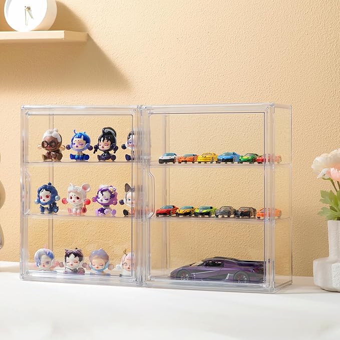 Attelite Acrylic Display Cases for Collectibles, 2 Pack 3 Layer Clear Display Case with Magnetic Door,Desktop Clear Showcase with 2 Adjustable Divider Storage Box for Action Figure
