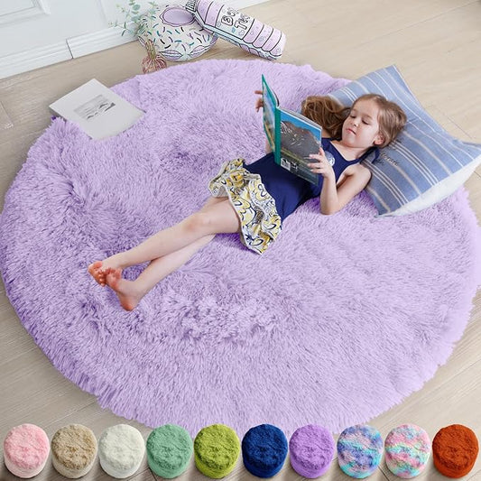 Amdrebio Light Purple Large Round Rugs 7Ft for Girls Bedroom, Fluffy Fuzzy Circle Area Rug for Kids Room Decor Aesthetic, Soft Cute Furry Plush Shag Lavender Carpet for Living Room, Baby Nursery