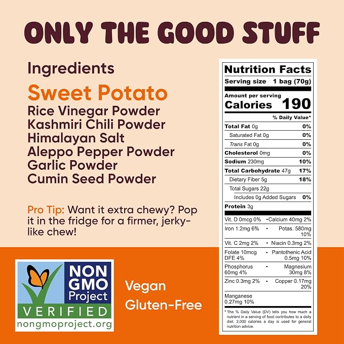 Yammy Chewy Dried Sweet Potato Sticks (Sriracha 18-Pack) - Healthy Asian Snack for Adults & Kids (Japanese, Korean, Chinese Super Food) - No Added Sugar, Vegan, Gluten-Free, 5g Fiber, 2.5oz