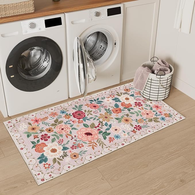 DUKINO 2x4 Entryway Rug, Floral Washable Kitchen Rugs Non Slip, Beige | Low Pile, Soft Indoor Runner Rug for Hallway, Bedroom, Bathroom, Laundry, Pet Friendly, Modern Home Decor, Stain Resistant