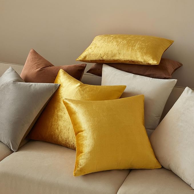 JUSPURBET 16x16 Decorative Velvet Throw Pillow Covers Cases Set of 2,Golden | Modern Soft Cushion Covers with Hidden Zipper for Couch Sofa Bed Living Room Bedroom Home Decor
