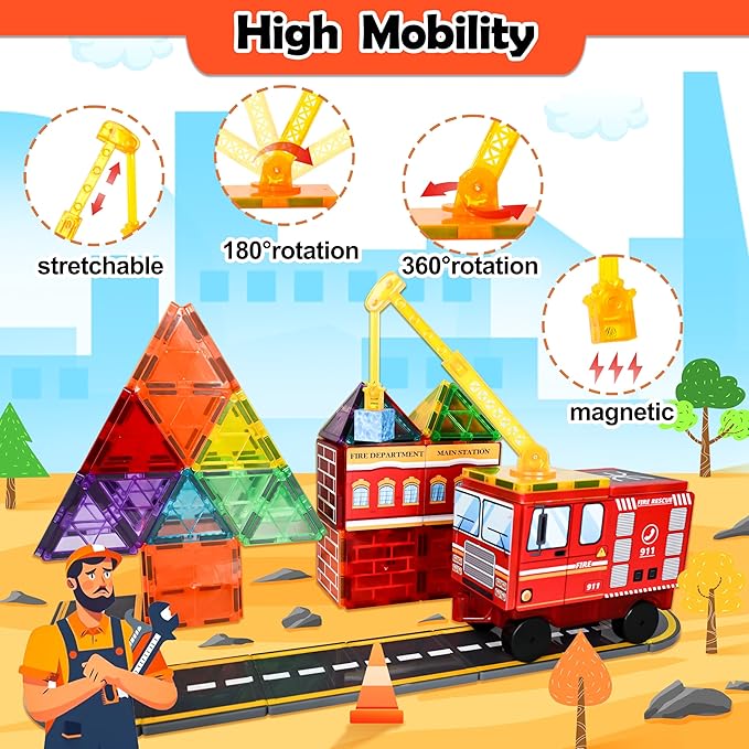 Magnetic Tiles Road Set with Fire Truck Magnetic Crane, Creative Construction Toys for Kids Ages 3-12, Boys & Girls, Fire Rescue Station and Engineering Themed Magnetic Building Blocks