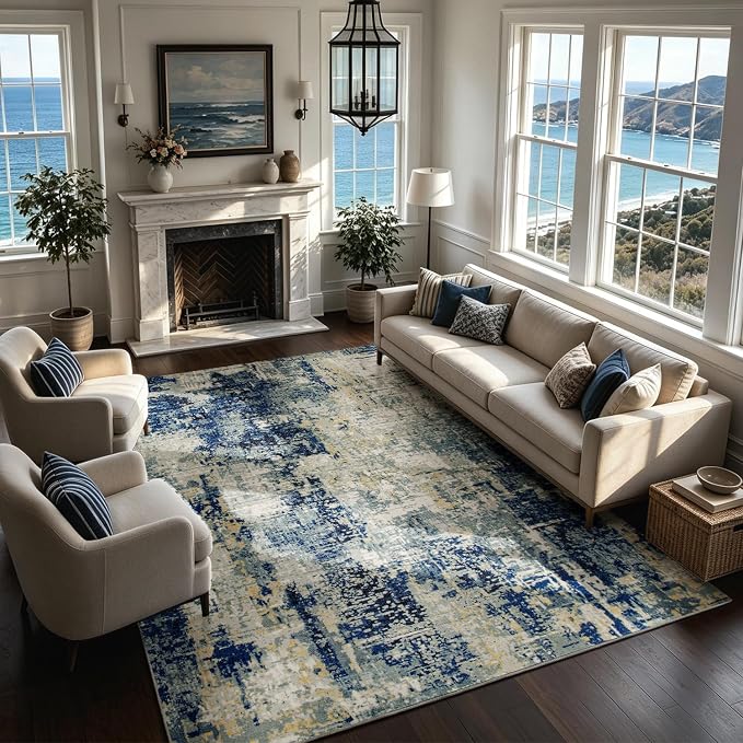 Washable Rugs 8x10 Area Rugs for Living Room- Modern Abstract Rugs for Bedroom,Dining Room,Large Soft Low Pile Carpet with Non Slip Rubber Backing,Neutral Accent Under Table Rug for Nursery