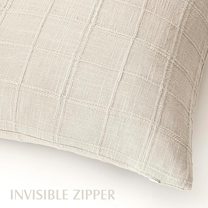 Foindtower Set of 2 Decorative Linen Check Throw Pillow Covers Neutral Farmhouse Vintage Cushion Covers Modern Boho Home Decor for Sofa Chair Couch Bedroom Living Room,20×20 Inch,Natural Beige