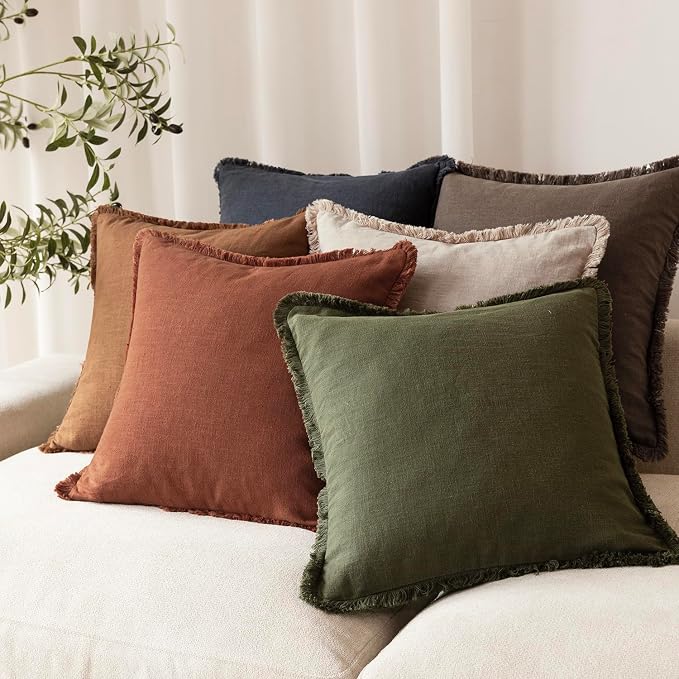 Foindtower Set of 2 Decorative Linen Fringe Throw Pillow Covers Farmhouse Cushion Cover with Tassels Soft Accent Pillowcase for Couch Chair Sofa Bed Living Room Home Decor,22×22 Inch,Fall Rust Orange