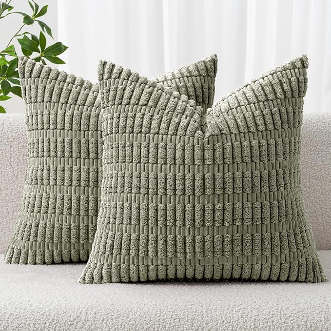 MIULEE Corduroy Decorative Throw Pillow Covers 20x20 Light Olive Pack of 2 | Green Soft Boho Striped Pillow Covers Modern Farmhouse Home Decor For Sofa Living Room Couch Bed