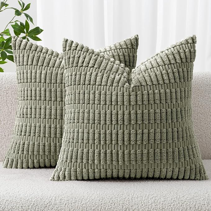 MIULEE Euro Sham Corduroy Decorative Throw Pillow Covers 24x24 Light Olive | Green Pack of 2 Soft Boho Striped Pillow Covers Modern Farmhouse Home Decor For Sofa Living Room Couch Bed