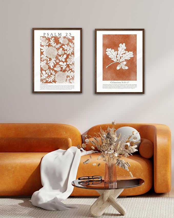 EcoHest 12x16 in Psalm 23 Orange Floral Botanical Framed Christian Wall Art | Walnut Color Solid Oak Frame with Canvas Wall Art, Scripture Bible Verse Decor for Bedroom, Living Room, Office, Church,1Pack
