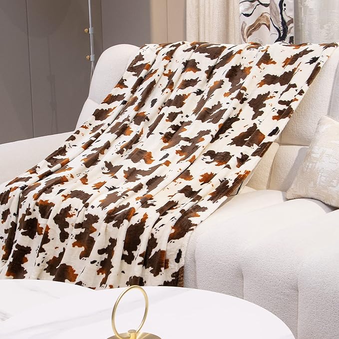 Twin Blanket for Travel, Lightweight Cozy Plush Soft Warm Fleece Throw Blanket for Bed, Couch, Sofa, Travel, Camping, Brown & White, 60x80 inches