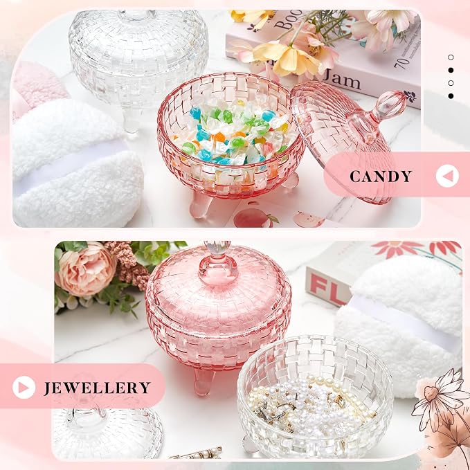 Tioncy 2 Set Extra Large Body Powder Puff and Container, 6'' Washable Vintage Decorative Crystal Powder & Container Gift for Bathroom Counter & Feminine Vanity Decor(Weave Design,Pink and Clear)