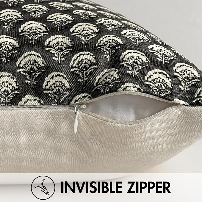 MIULEE Floral Print Decorative Pillow Covers 18x18, Black | Vintage Boho Farmhouse Modern Home Decor, Set of 2, Block Print Cushion Covers for Couch Sofa Bed Living Room