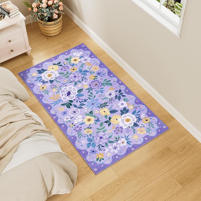 DUKINO 2x4 Entryway Rug, Floral Washable Kitchen Rugs Non Slip, Purple | Low Pile, Soft Indoor Runner Rug for Hallway, Bedroom, Bathroom, Laundry, Pet Friendly, Modern Home Decor, Stain Resistant