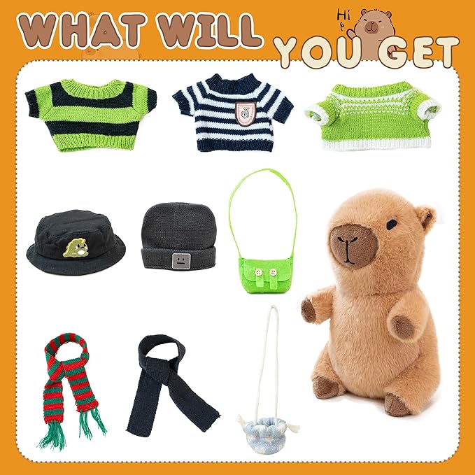 Capybara Plush with 10 Pcs Clothes & Accessories,Christmas Stuffed Animals, 10.2 in Cute Capybara Plush Toys,Birthday Gifts&Dress Up Cute Plushies for Boys/Girls (Daily-C)