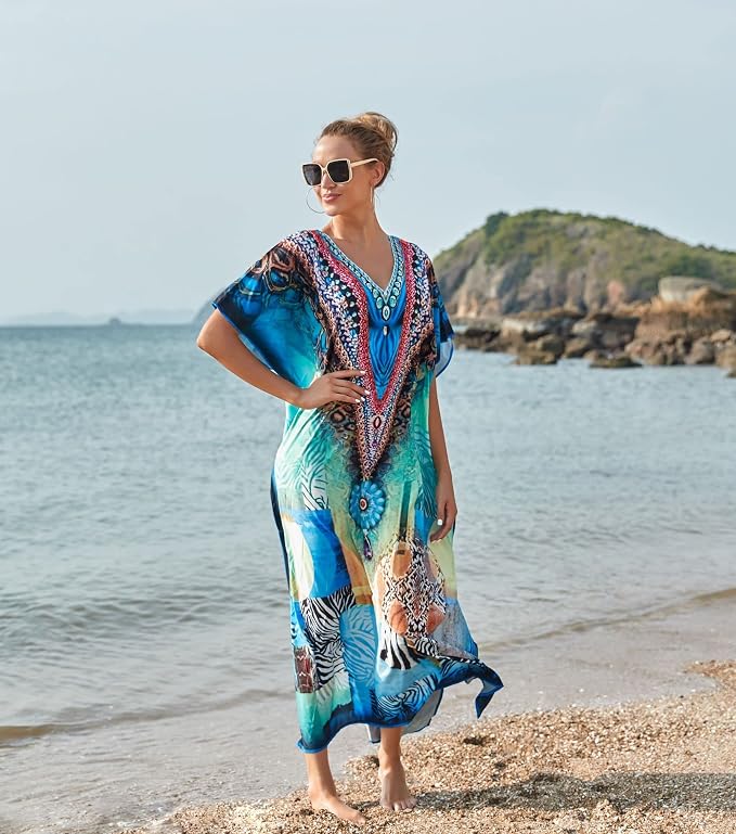 Venasha Womens Caftan Floral Print Kaftan Dress Short Sleeve Swimsuit Cover up Loungewear for Summer