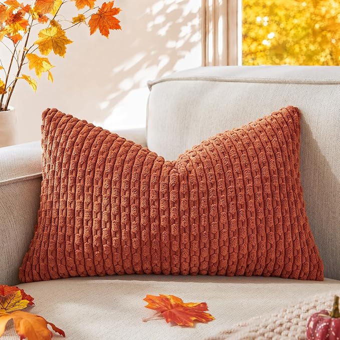 Kevin Textile Soft Corduroy 12"x20" Lumbar Pillow Cover 1 Pack, Rust | Fall Boho Stripe Plush Corduroy Decorative Oblong Cushion Cover Modern Farmhouse Home Decor for Sofa Couch Bed Chair