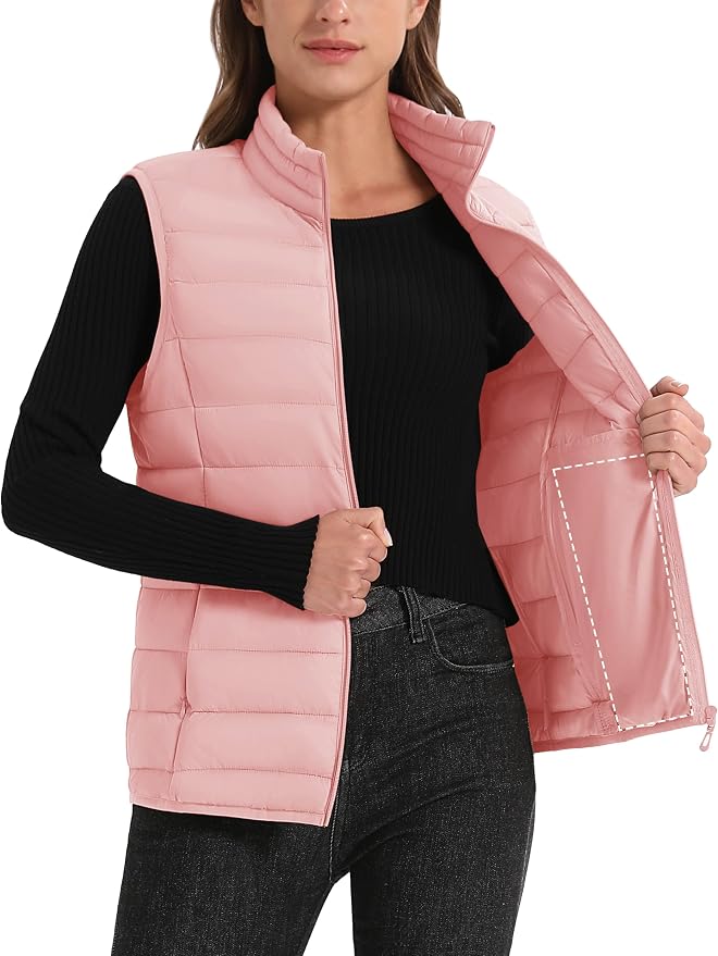 MAGCOMSEN Women's Puffer Vest Lightweight Stand Collar Zip 4 Pockets Puffy Vests Sleeveless Quilted Padded Outerwear