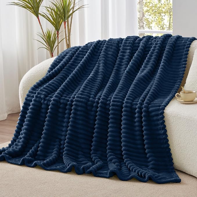 BEDELITE Striped Fleece Throw Blanket, Navy, 50"x60" | 300GSM Microfiber Fleece, Soft Cozy, Lightweight Warm, Machine Washable, Room Decor, Gifts for Men Boys Dad, for Couch Sofa