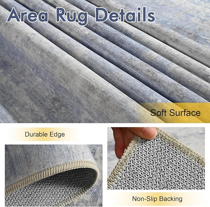 5x7 Ft Area Rugs for Living Room, Soft Non-Slip Washable Rugs Modern Abstract Pattern Carpet for Bedroom Indoor Floor Nursery Home Decor (Blue/White)