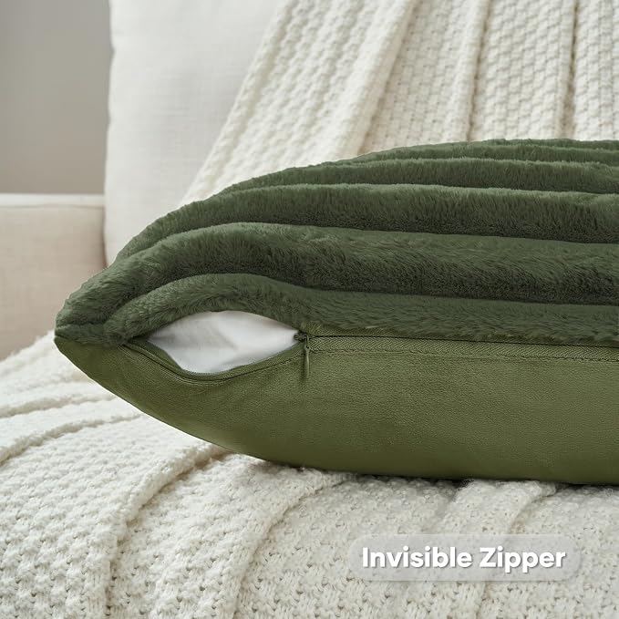 FUTEI Pack of 2 Faux Fur Throw Pillow Covers 22x22 Inch, Olive Green | Fluffy Faux Rabbit Fur Front/Premium Velvet Back,Hidden Zipper,Machine Washable,Non-Shedding,Colorfast,Insert Not Included.
