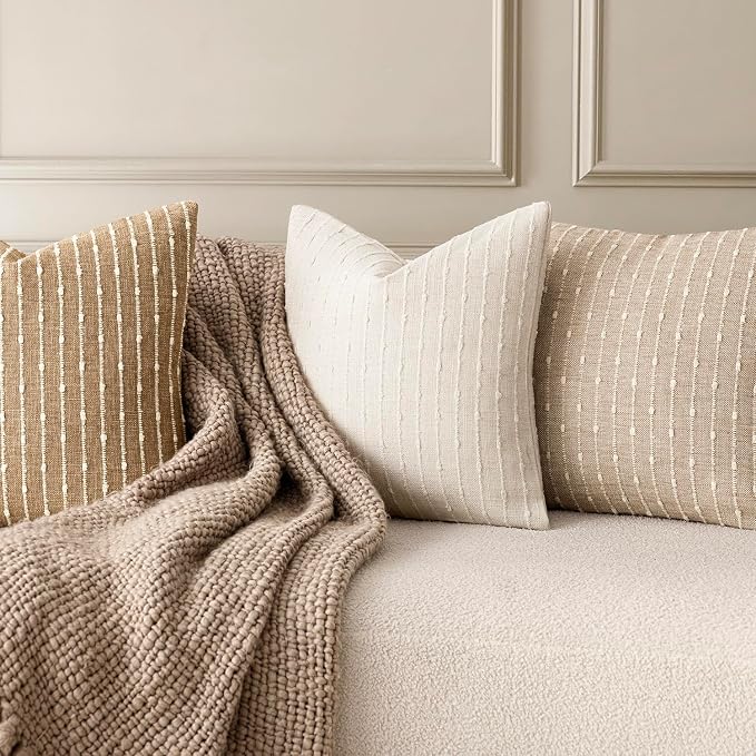 Foindtower Pack of 2 Decorative Jacquard Boucle Throw Pillow Covers Accent Textured Striped Pillowcases Cozy Modern Cushion for Couch Sofa Bedroom Living Room Home Decor 18x18 Inch Cream White
